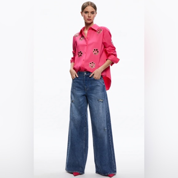 Alice + Olivia Tops - Alice + Olivia Flower Cut outs button up Shirt Pink NWT